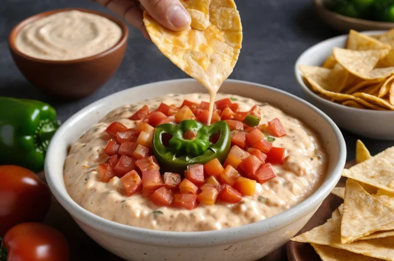 A creamy, cheesy bowl of Rotel dip with tortilla chips on the side, perfect for parties and gatherings.