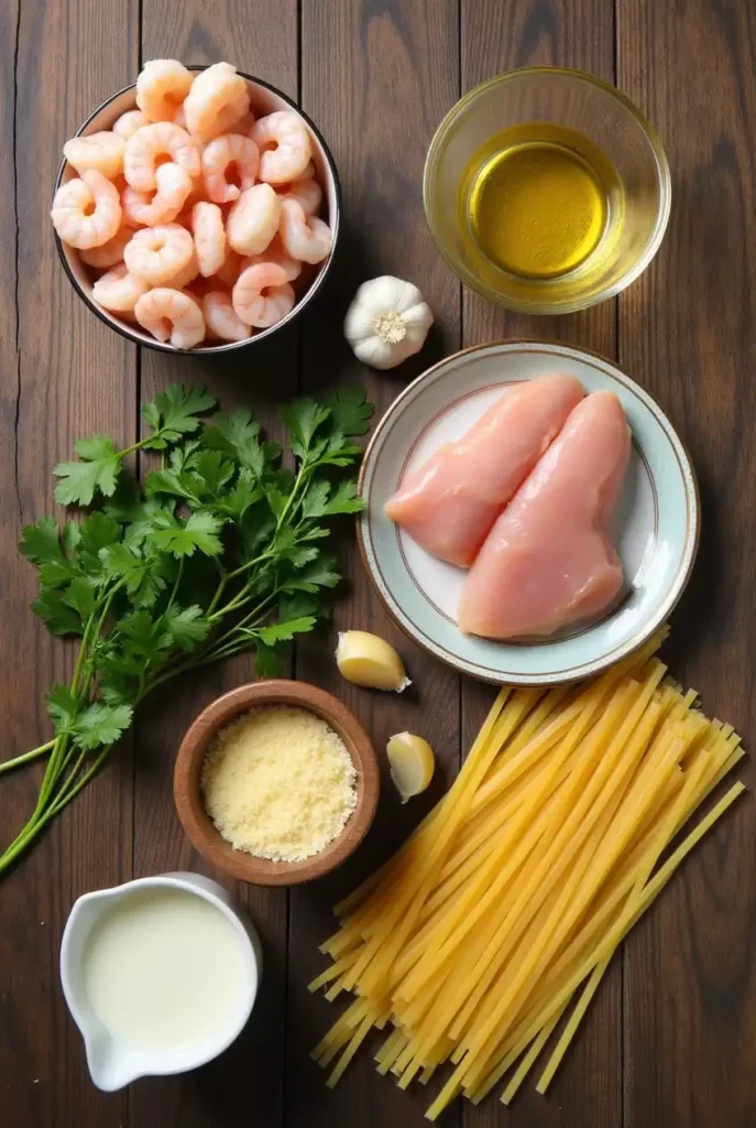 Creamy Chicken and Shrimp Pasta garnished with parsley and lemon zest in a skillet