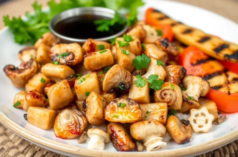 lion's mane mushroom recipe, showing cooked mushrooms served on a plate