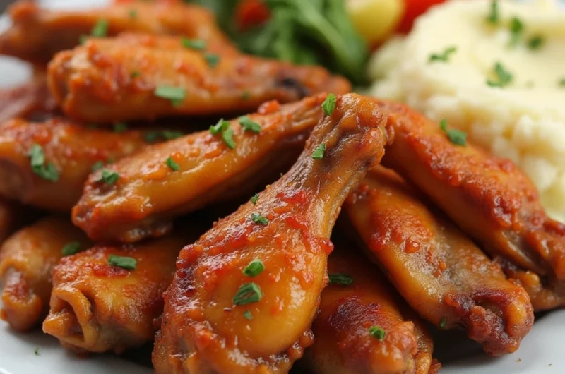 Golden, crispy turkey wings recipe with fresh herbs on a rustic table, capturing the warmth of home cooking.