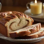 Freshly baked Amish cinnamon bread loaf with a golden-brown crust and visible cinnamon swirl on a rustic wooden table