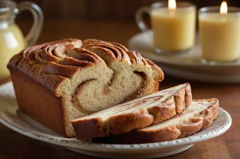 Freshly baked Amish cinnamon bread loaf with a golden-brown crust and visible cinnamon swirl on a rustic wooden table