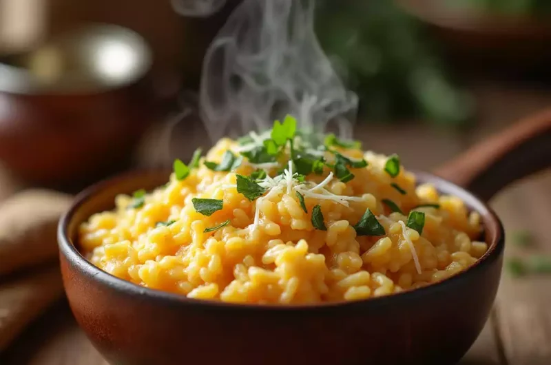 A comforting bowl of creamy, cheesy rice garnished with fresh parsley