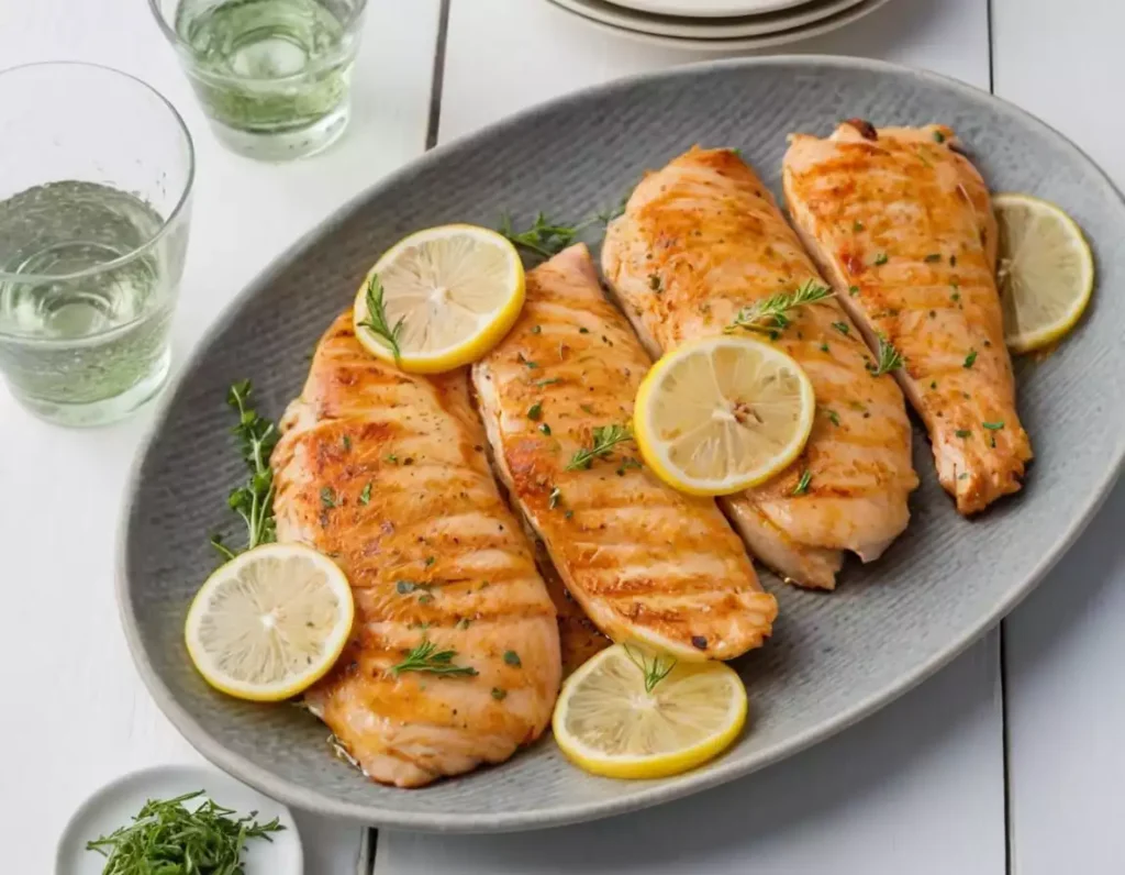 Thin chicken breasts marinated in garlic, lemon, and herbs, displayed in a ceramic dish, ready for baking.